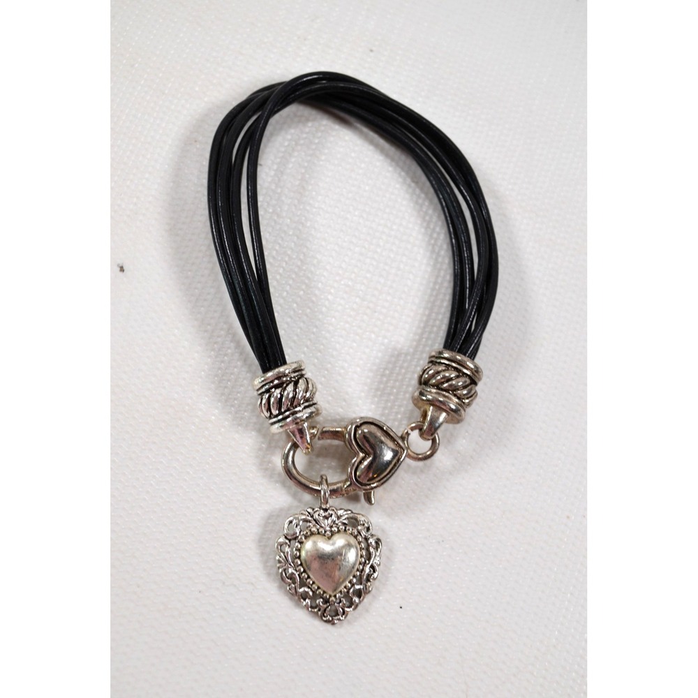 Heart‎ Charm Bracelet Black 6 Strand Cord  Silver Tone 7.5"